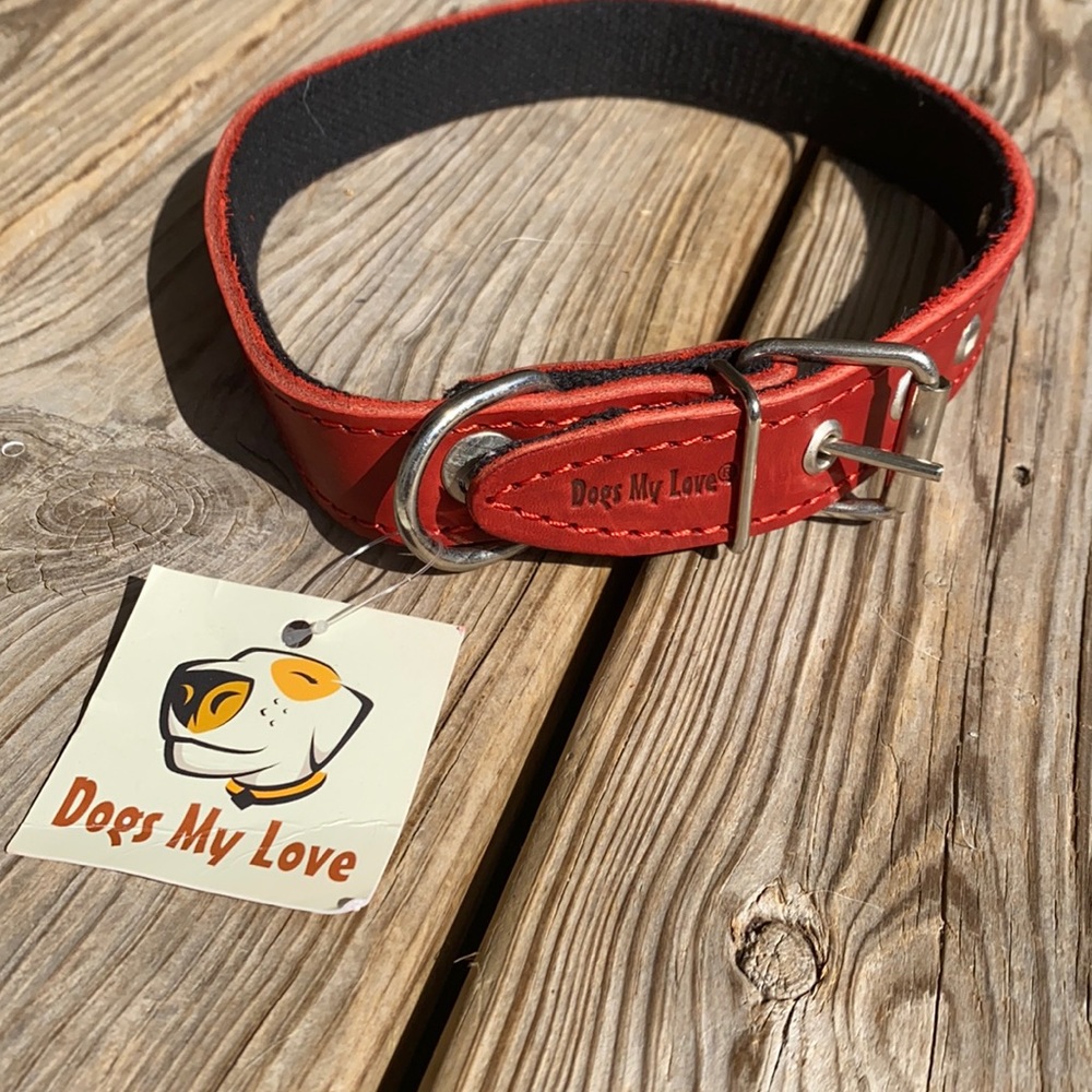Genuine Leather Red Dog Collar -15"-18.5"
